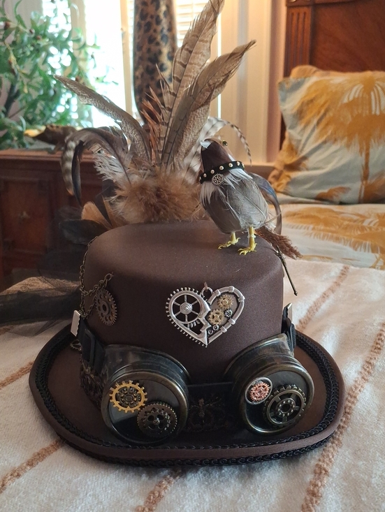 Accessories - Brown Steampunk Top Hat with Feather and Gear Accents